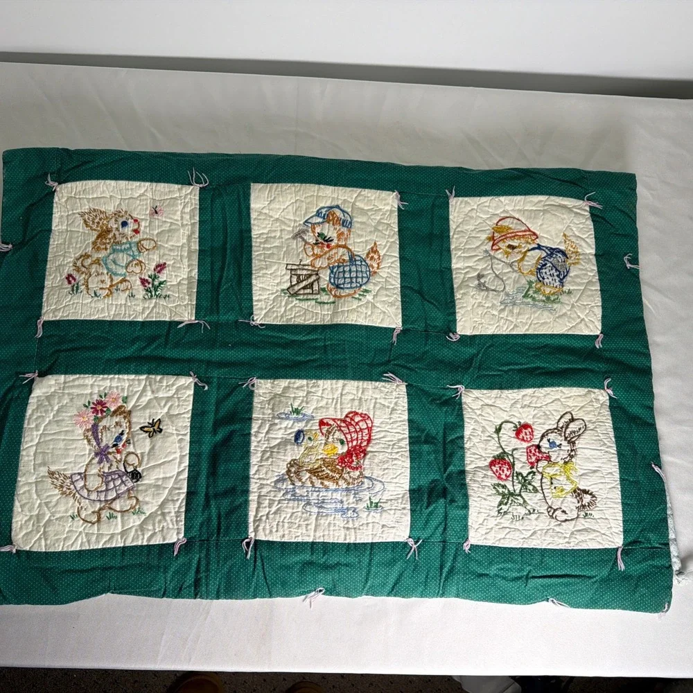 Vintage Handmade Embroidered Crib Quilt Playful Animals Green White